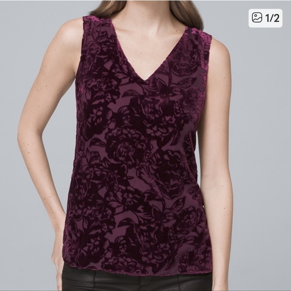 White House Black Market Velvet Burnout Shell Top Plum Floral Size 8‎